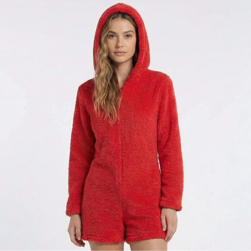 SHEIN Red Sherpa Teddy Bear Ear Hooded Zip-Up Onesie Romper Lounge Sz S LIKE NEW